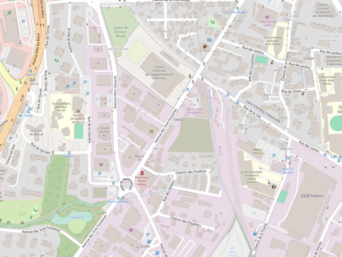 Plan du quartier des Trois Fontaines à Annecy : le cabinet se trouve avenue des Trois Fontaines, entre le rond-point des Trois Fontaines et la rue des Jardins.